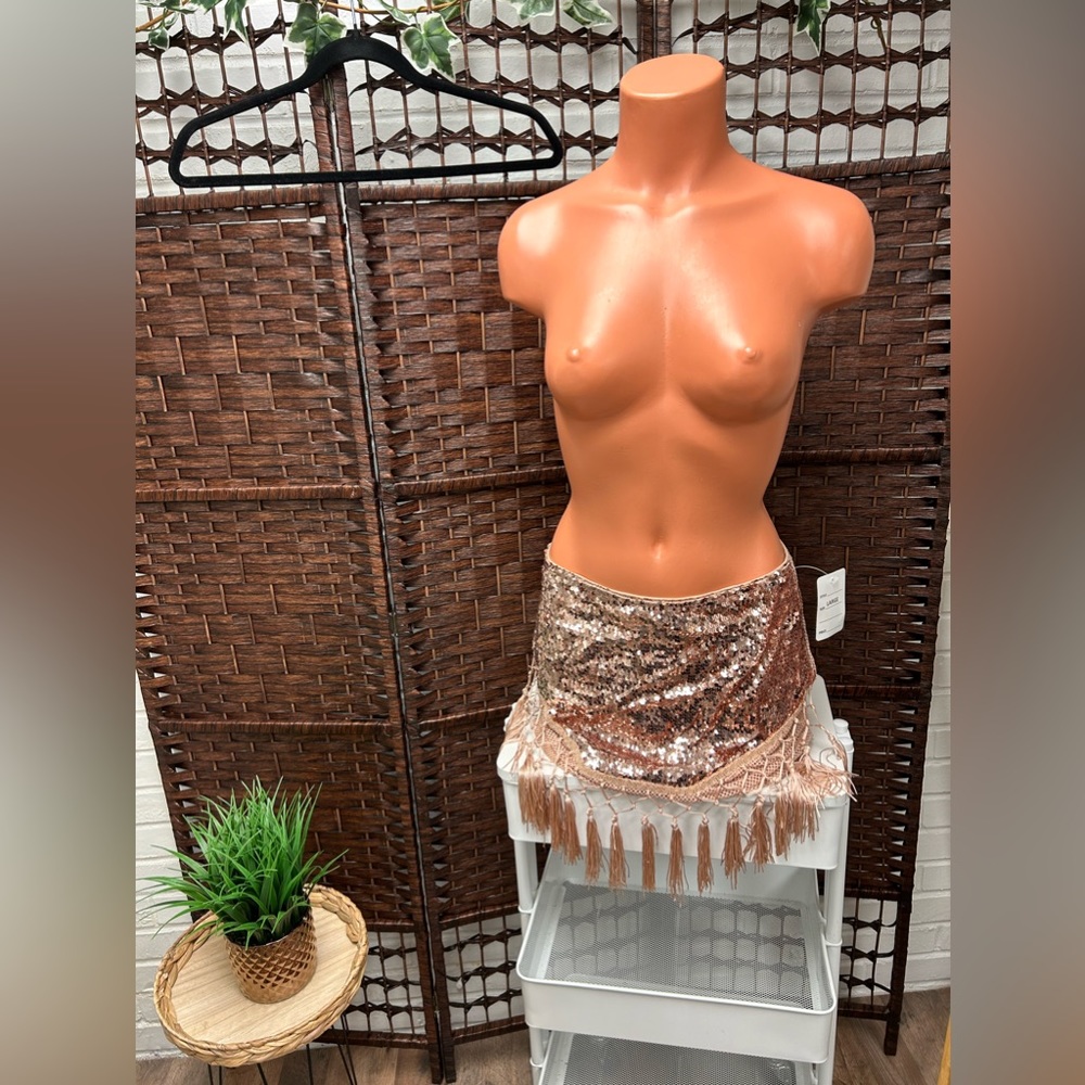 Hot and Delicious Tan/Gold Sequin Fringe Party /club Skirt